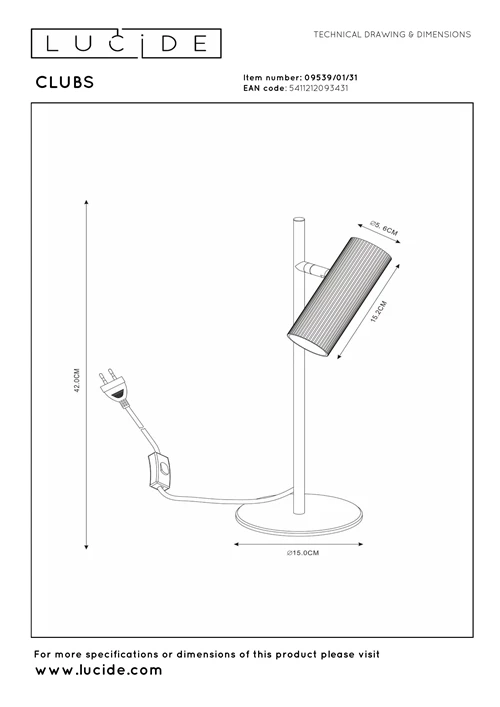 Lucide CLUBS - Bureaulamp - 1xGU10 - Wit - technisch